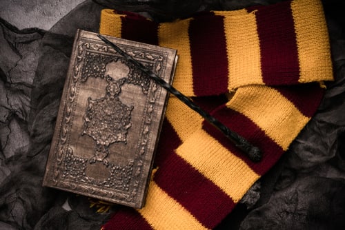 Harry Potter Gryffindor scarf and spell book
