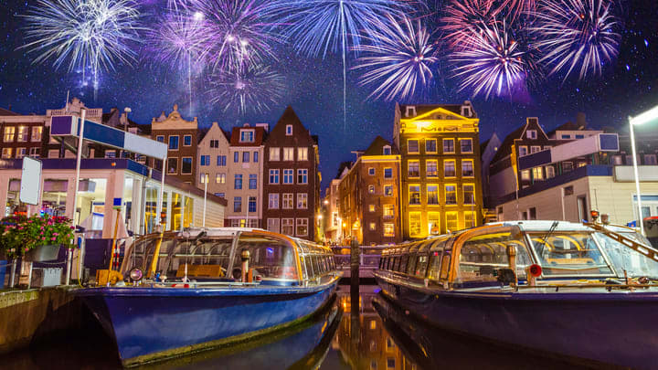New Year's Eve fireworks over Amsterdam's old town