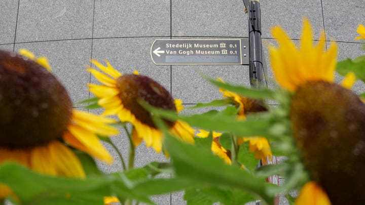 Girasoles frente al cartel del Van Gogh Museum, Ámsterdam. Datos útiles sobre el Museo Van Gogh.