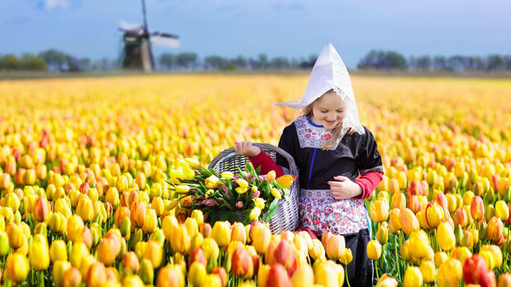Girl in traditional costume picking flowers