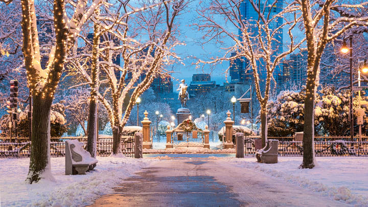 Snowy public garden in Back Bay, Boston