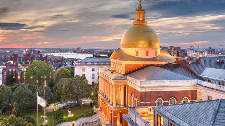 The Massachusetts State House in Boston at dusk