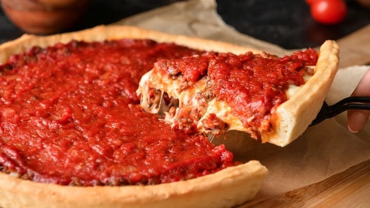 A slice of Chicago deep-dish pizza