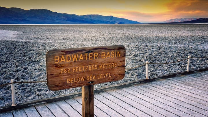 Sign at Badwater Basin, Death Valley, the lowest point in the United States.