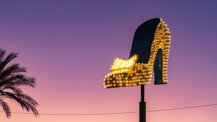 Glittery stiletto-shaped sign at the Neon Museum in Las Vegas