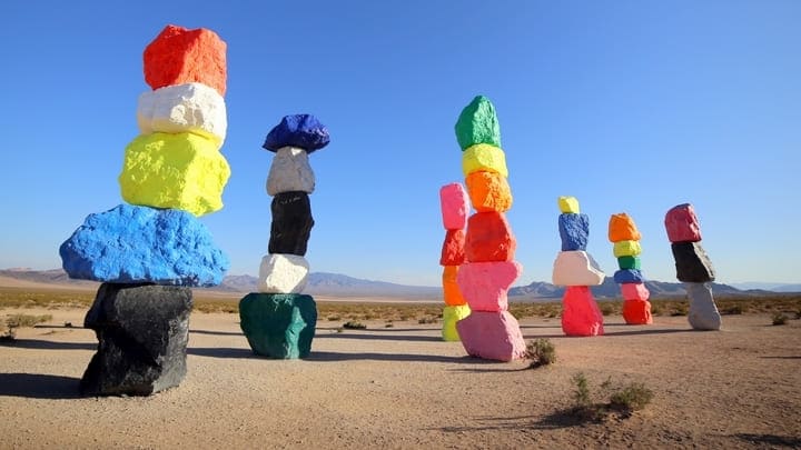 The Seven Magic Mountains art installation in the Mojave Desert