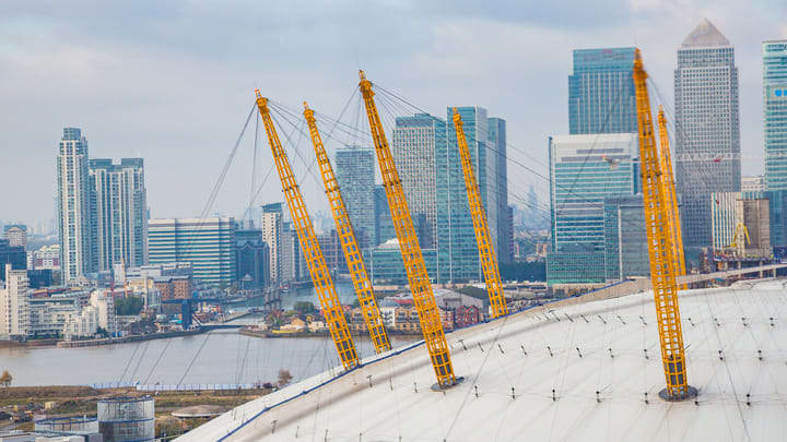 Close-up of London's O2 Arena against the city skyline