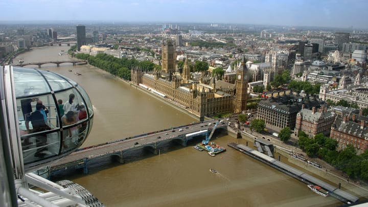 View of the River Thames and Houses of Parliament from the London Eye