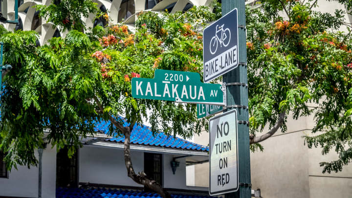 Kalakaua Avenue street sign on Oahu island, Hawaii