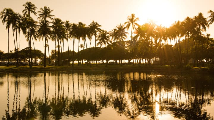 Sunset at Ala Moana Beach on Oahu island, Hawaii