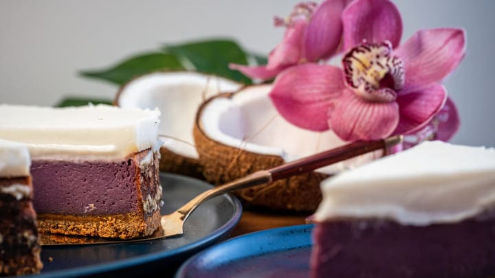 Traditional Hawaiian haupia cake made with coconut and purple sweet potato