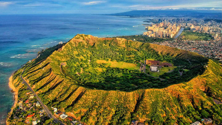 Aerial view of the Diamond Head crater on Oahu, Hawaii.