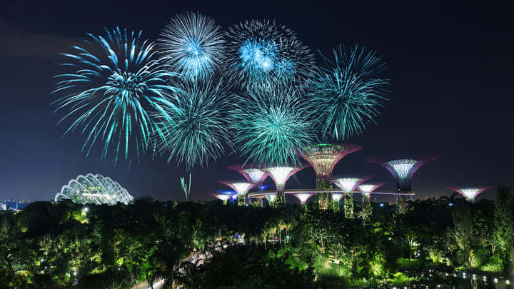 Fireworks over Gardens by the Bay in Singapore