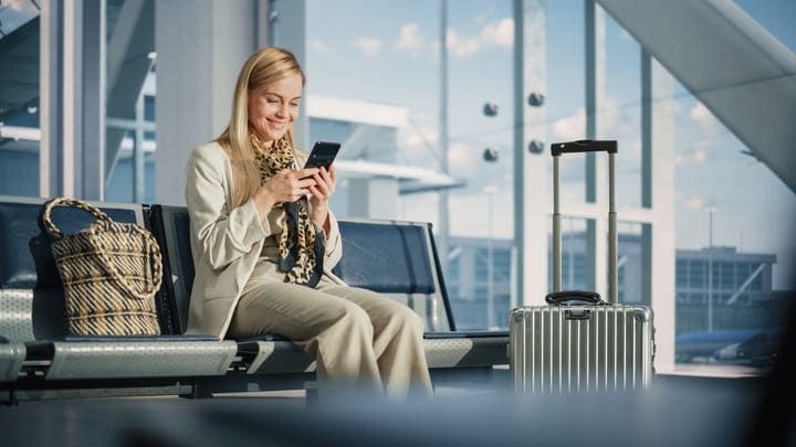 Woman checking her phone at the airport