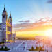 Madrid's Almudena Cathedral at dusk.