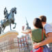 Tourists sightseeing on Plaza Mayor in Madrid.