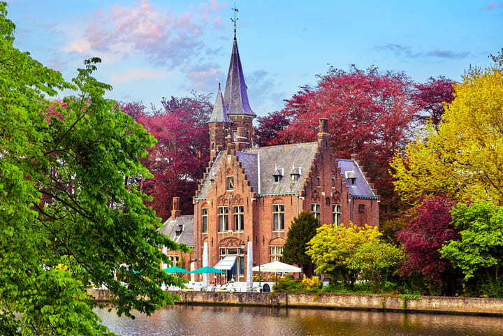 Image of Spire, Tower, Castle, Fortress, Clock Tower, Nature, Outdoors, Pond, Water, 