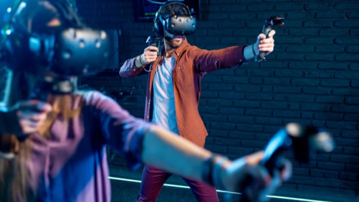 Image of Adult, Female, Person, Woman, Gun, Weapon, VR Headset, Shooting, 