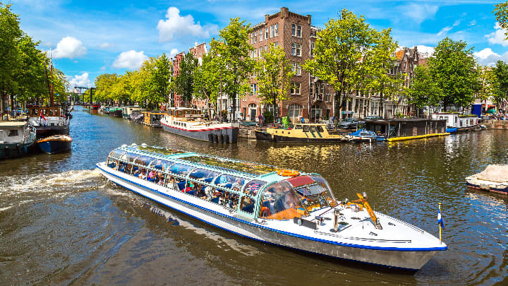 Image of Water, Waterfront, Vehicle, Watercraft, Boat, Canal, Outdoors, Barge, Car, Person, Boating, Water Sports, 