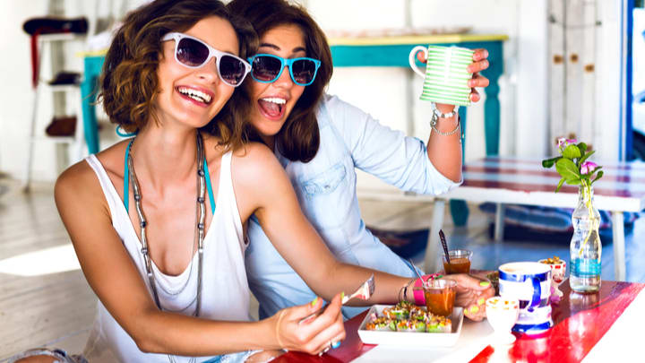 Image of Brunch, Food, Head, Person, Face, Happy, Adult, Female, Woman, Cup, Accessories, Sunglasses, Laughing, Fork, 