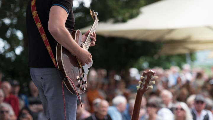 Image of Concert, Crowd, Person, Guitar, Musical Instrument, Adult, Male, Man, Guitarist, Music, Musician, Performer, Boy, Child, 