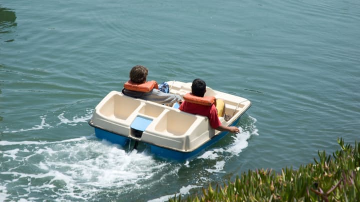 Image of Vehicle, Watercraft, Vest, Lifejacket, Boat, Boy, Child, Male, Person, Dinghy, Water, Back, 