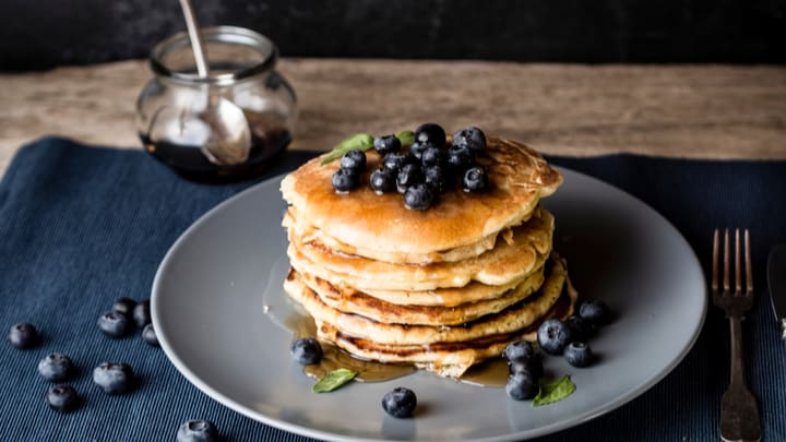 Image of Bread, Food, Brunch, Cutlery, Fork, Dining Table, Pancake, Food Presentation, Berry, Blueberry, Fruit, Produce, Sandwich, 