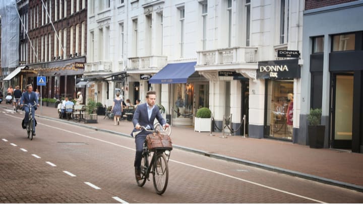 Image of City, Road, Street, Urban, Adult, Male, Man, Person, Bicycle, Vehicle, Plant, Cycling, Bag, Handbag, 