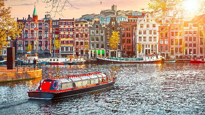 Image of City, Cityscape, Urban, Boat, Vehicle, Canal, Outdoors, Water, Neighborhood, Person, 