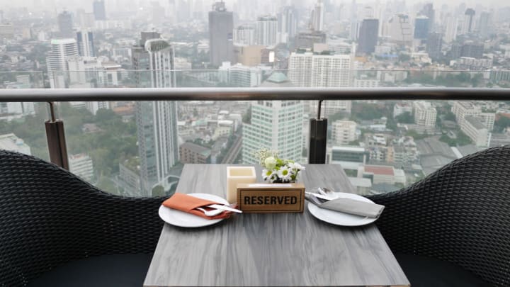 Image of City, Balcony, Building, Furniture, Table, Urban, Cityscape, Dining Table, Chair, Tabletop, High Rise, 