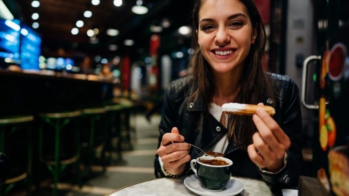 Image of Face, Happy, Head, Person, Smile, Adult, Female, Woman, Beverage, Coffee, Coffee Cup, 