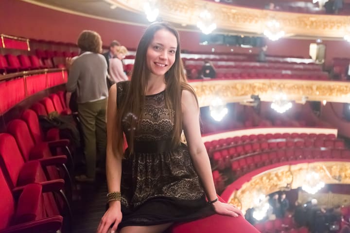 Image of Indoors, Theater, Lighting, Auditorium, Hall, Adult, Female, Person, Woman, Male, Man, Cinema, Dress, 