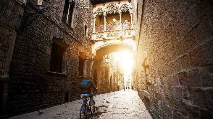 Image of City, Road, Street, Urban, Alley, Path, Person, Bicycle, Vehicle, 