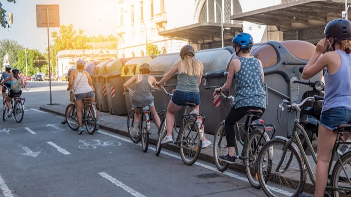 Image of Child, Female, Girl, Person, Adult, Woman, Boy, Male, Bicycle, Cycling, Vehicle, Car, Handbag, 