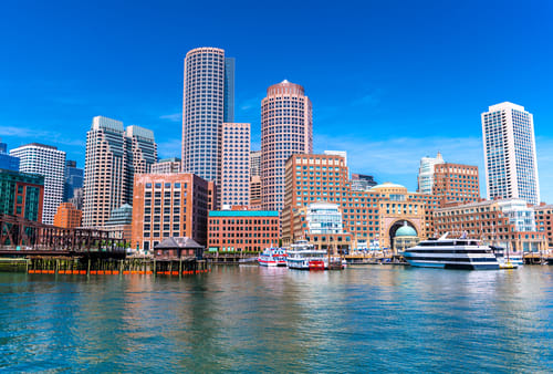 Image of City, Water, Waterfront, Cityscape, Urban, Metropolis, Office Building, Boat, Vehicle, Downtown, High Rise, Pier, Harbor, 