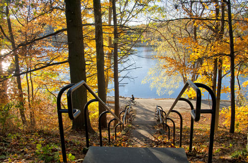 Image of Nature, Outdoors, Scenery, Grass, Park, Person, Autumn, Bicycle, Vehicle, 