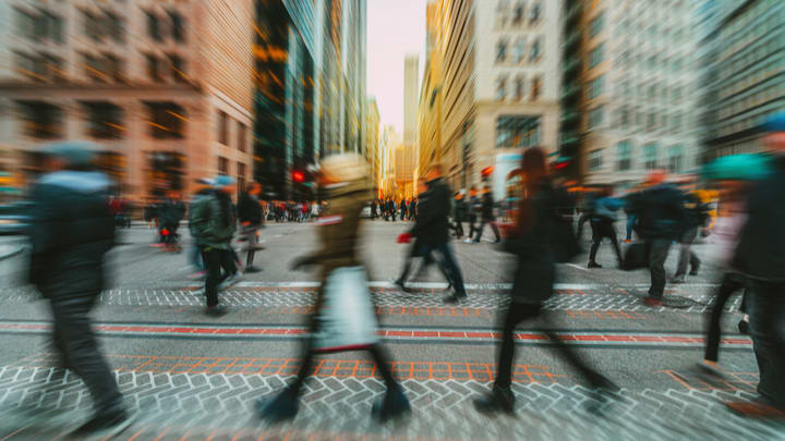 Image of Person, Walking, City, Pedestrian, Metropolis, Urban, Adult, Female, Woman, Path, Male, Man, People, Road, Street, Bag, Handbag, 