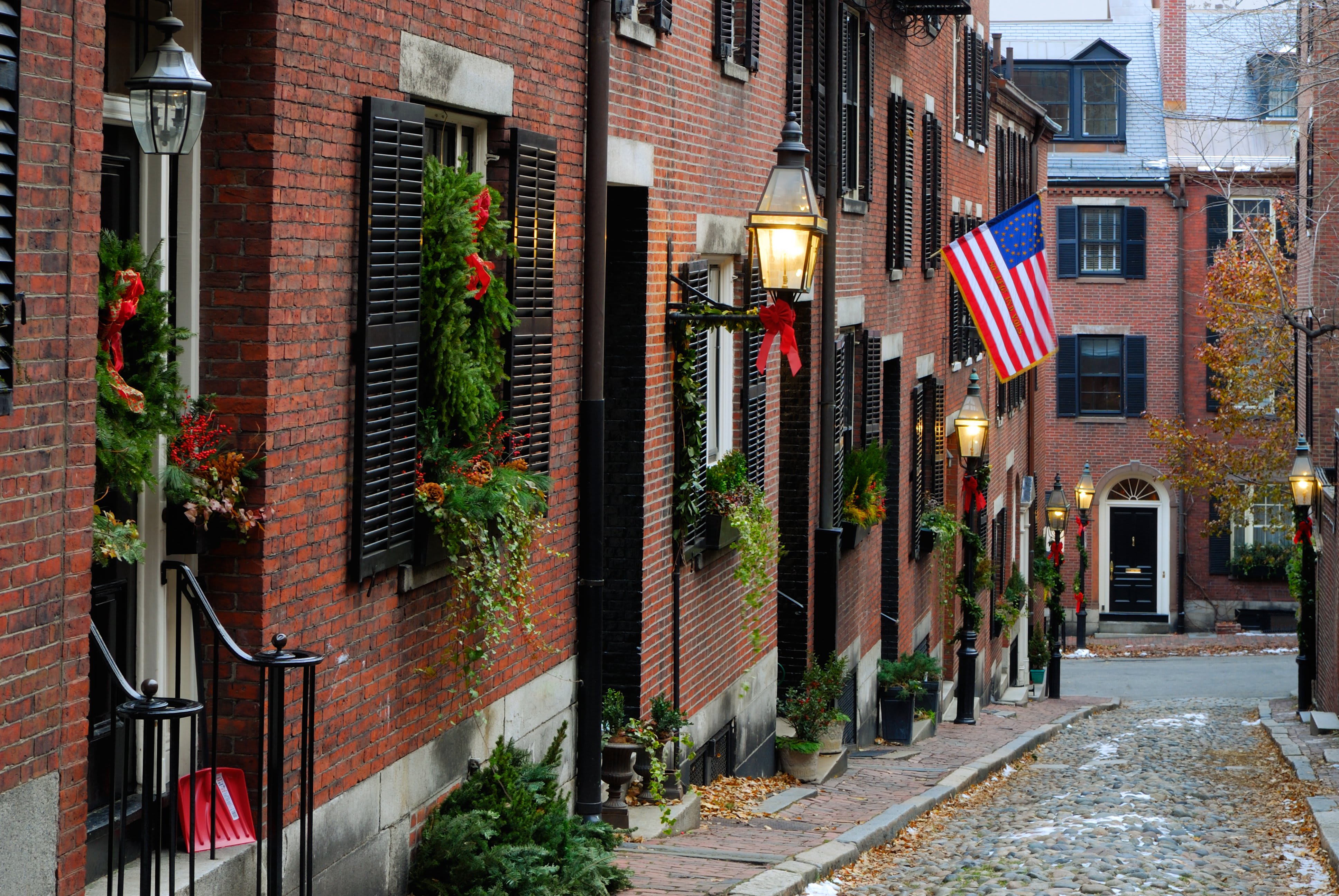 Image of City, Road, Street, Urban, Alley, Flag, Path, Plant, Brick, Neighborhood, Lamp, Potted Plant, 