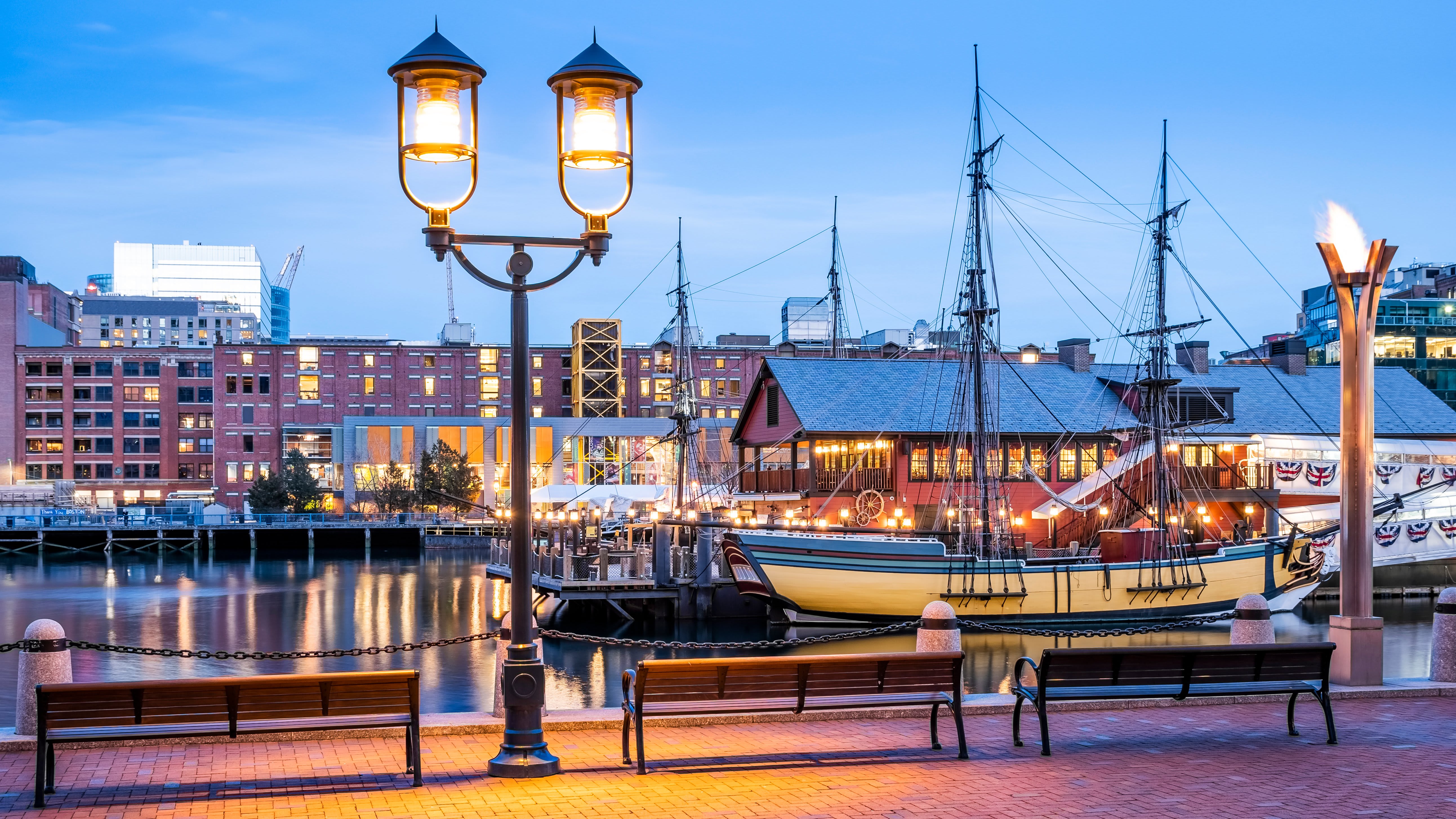 Image of Water, Waterfront, Bench, Harbor, Pier, Port, City, Neighborhood, Nature, Outdoors, Scenery, Boat, Vehicle, Urban, Metropolis, 