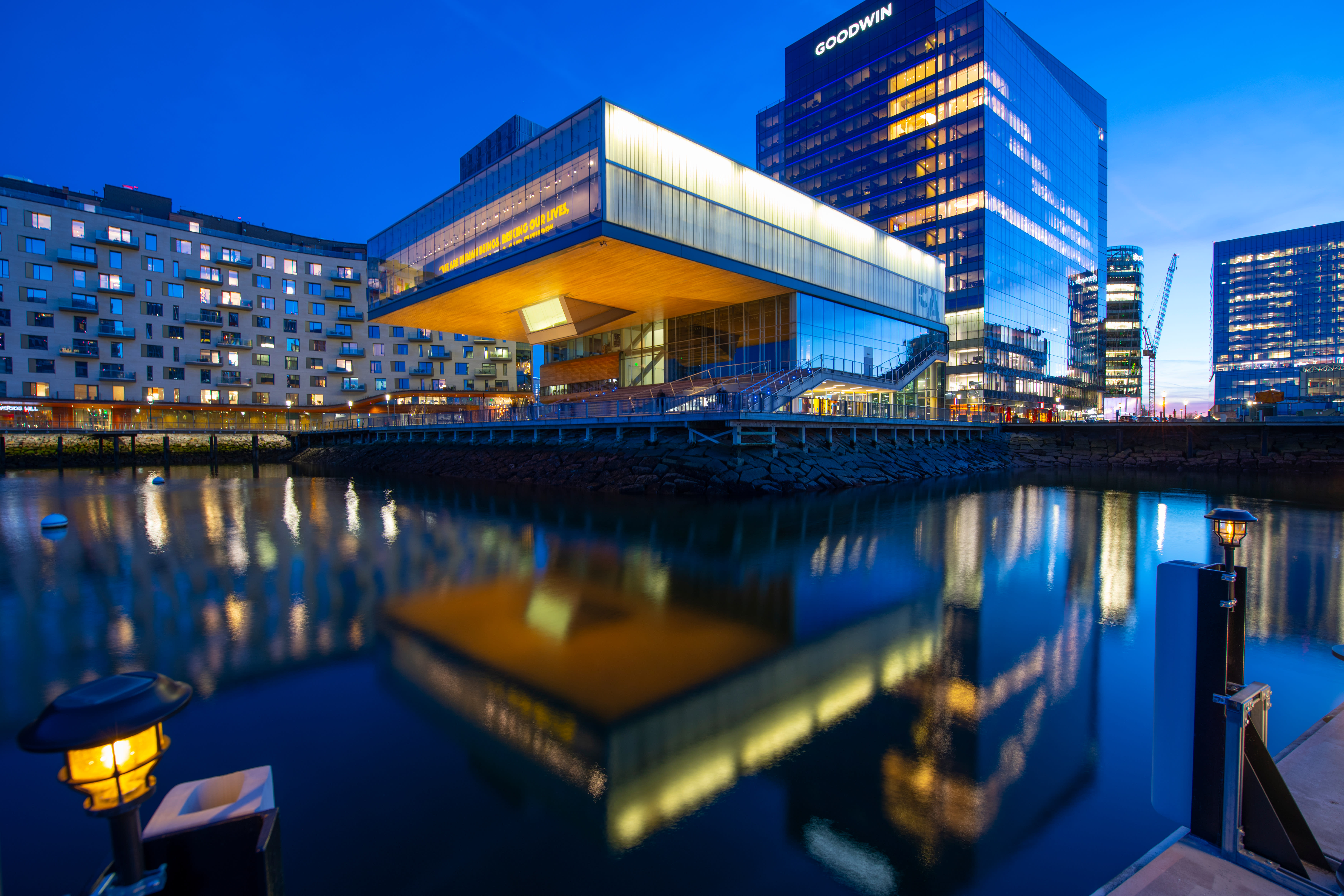 Image of Building, Office Building, City, Water, Waterfront, Metropolis, Urban, Convention Center, Cityscape, Lighting, 