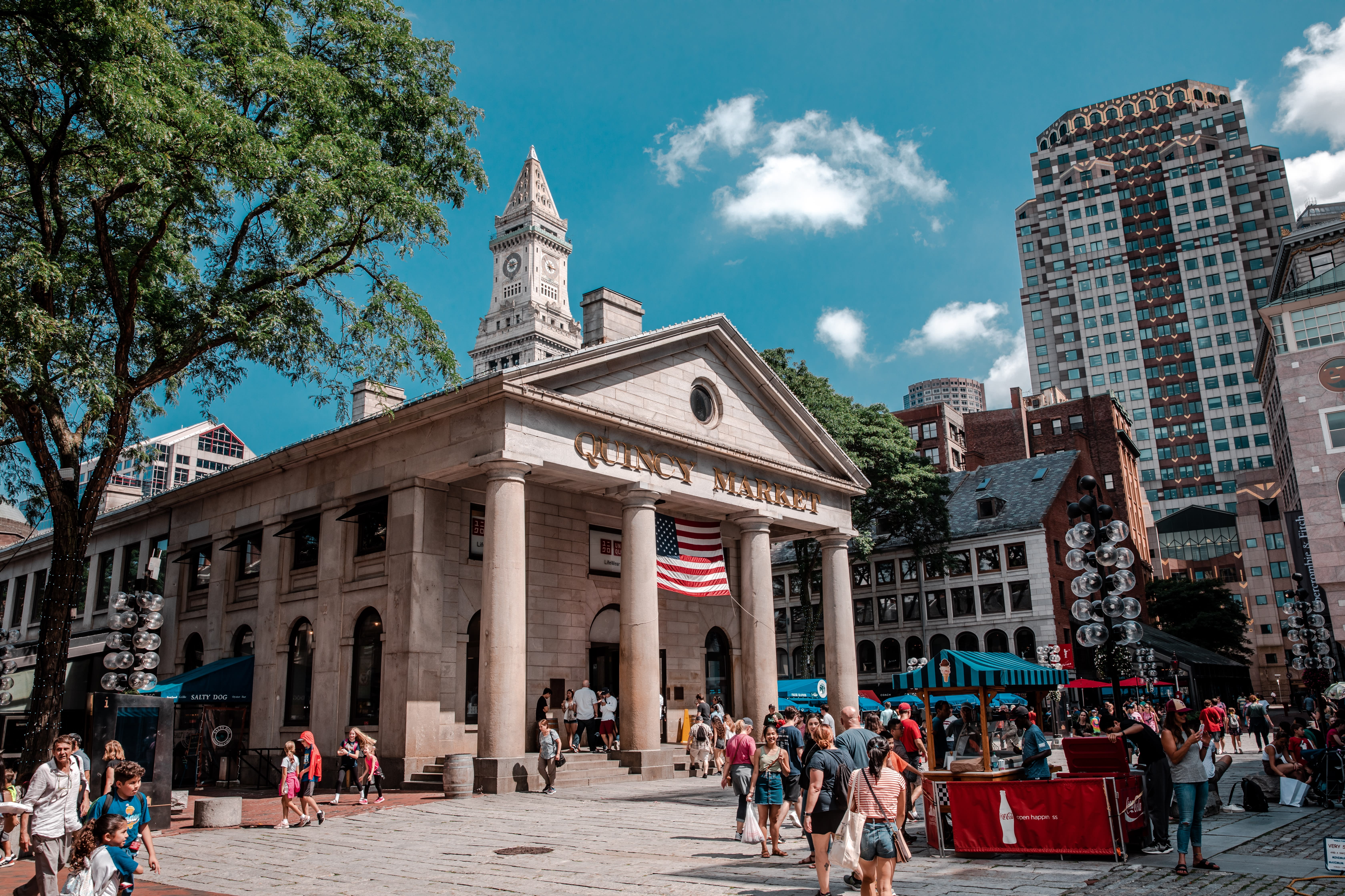 Image of City, Urban, Road, Street, Downtown, Metropolis, Flag, Person, Handbag, Neighborhood, 