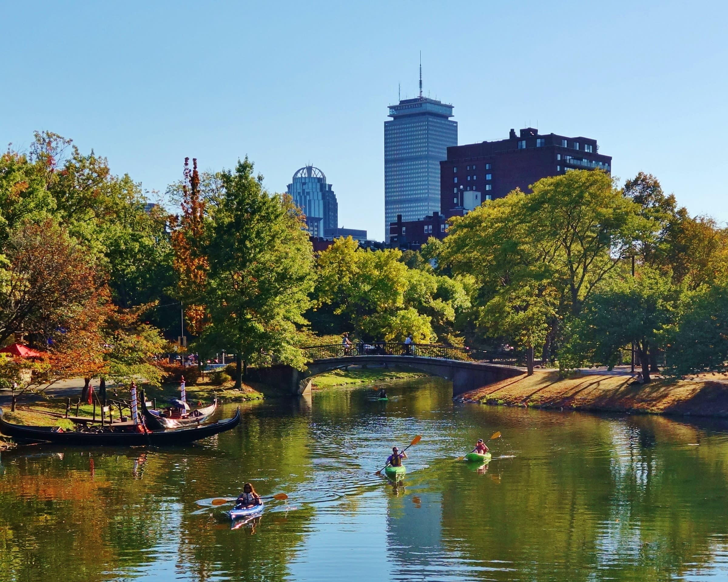 Image of Nature, Outdoors, Scenery, City, Grass, Urban, Metropolis, Park, Water, Person, Boat, Vehicle, Canoe, Canoeing, Rowboat, Water Sports, Pond, Building, Cityscape, Landscape, Vegetation, 