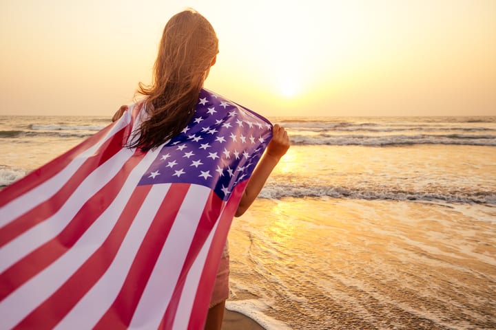 Image of American Flag, Flag, Adult, Female, Person, Woman, Nature, Outdoors, Sky, 