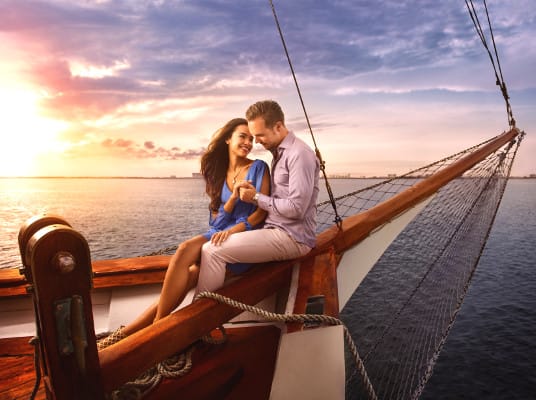 Image of Nature, Outdoors, Sky, Face, Head, Person, Photography, Portrait, Sun, Vehicle, Yacht, Boat, Adult, Female, Woman, Sunrise, Male, Man, Sea, Water, Sailboat, 