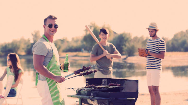 Image of Bbq, Cooking, Food, Grilling, Sunglasses, Adult, Male, Man, Person, Boy, Child, Teen, Female, Girl, Baseball Bat, 