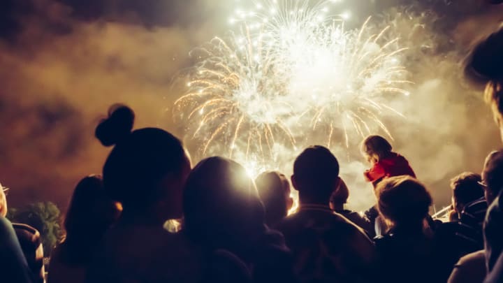 Image of Fireworks, Adult, Female, Person, Woman, Male, Man, Flare, Light, Urban, Crowd, Child, Girl, Concert, Baby, 