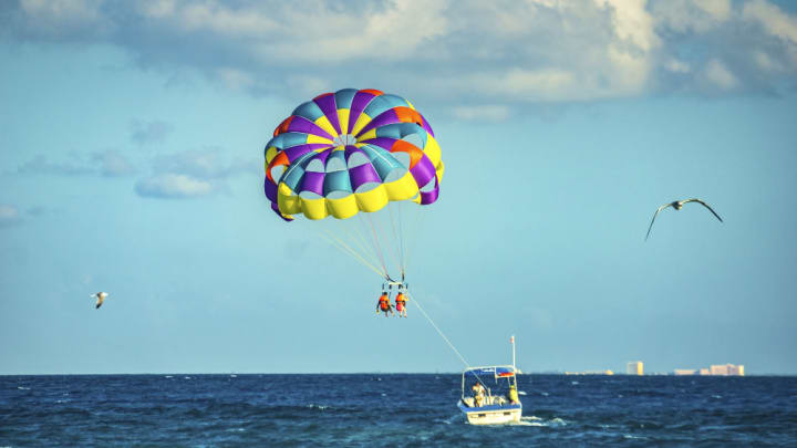 Image of Parachute, Boat, Vehicle, Animal, Bird, Person, 