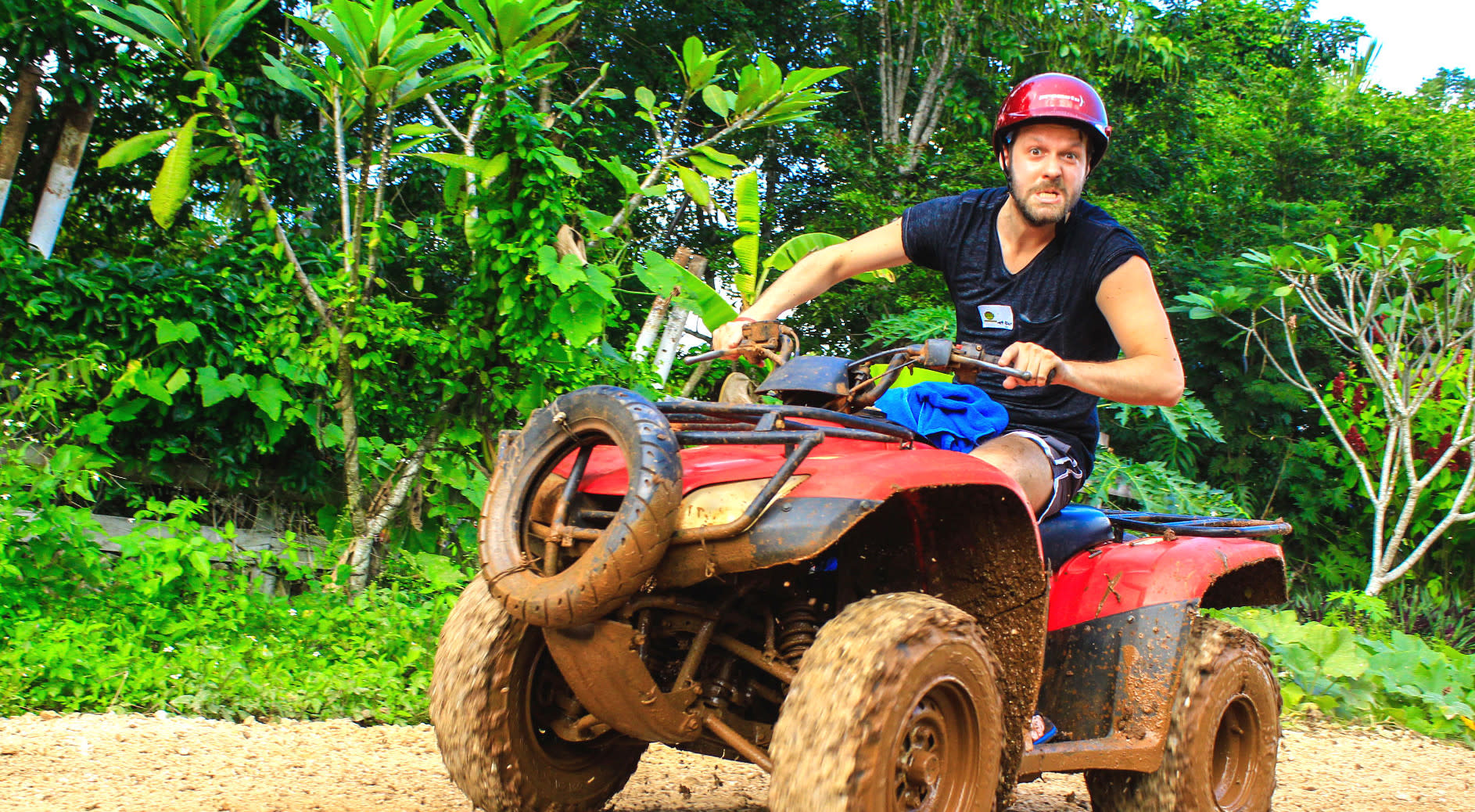 Image of Vegetation, Adult, Male, Man, Person, Tree, Atv, Vehicle, Jungle, Nature, Outdoors, Land, Rainforest, Photography, Portrait, Helmet, Grass, Motorcycle, Hardhat, 