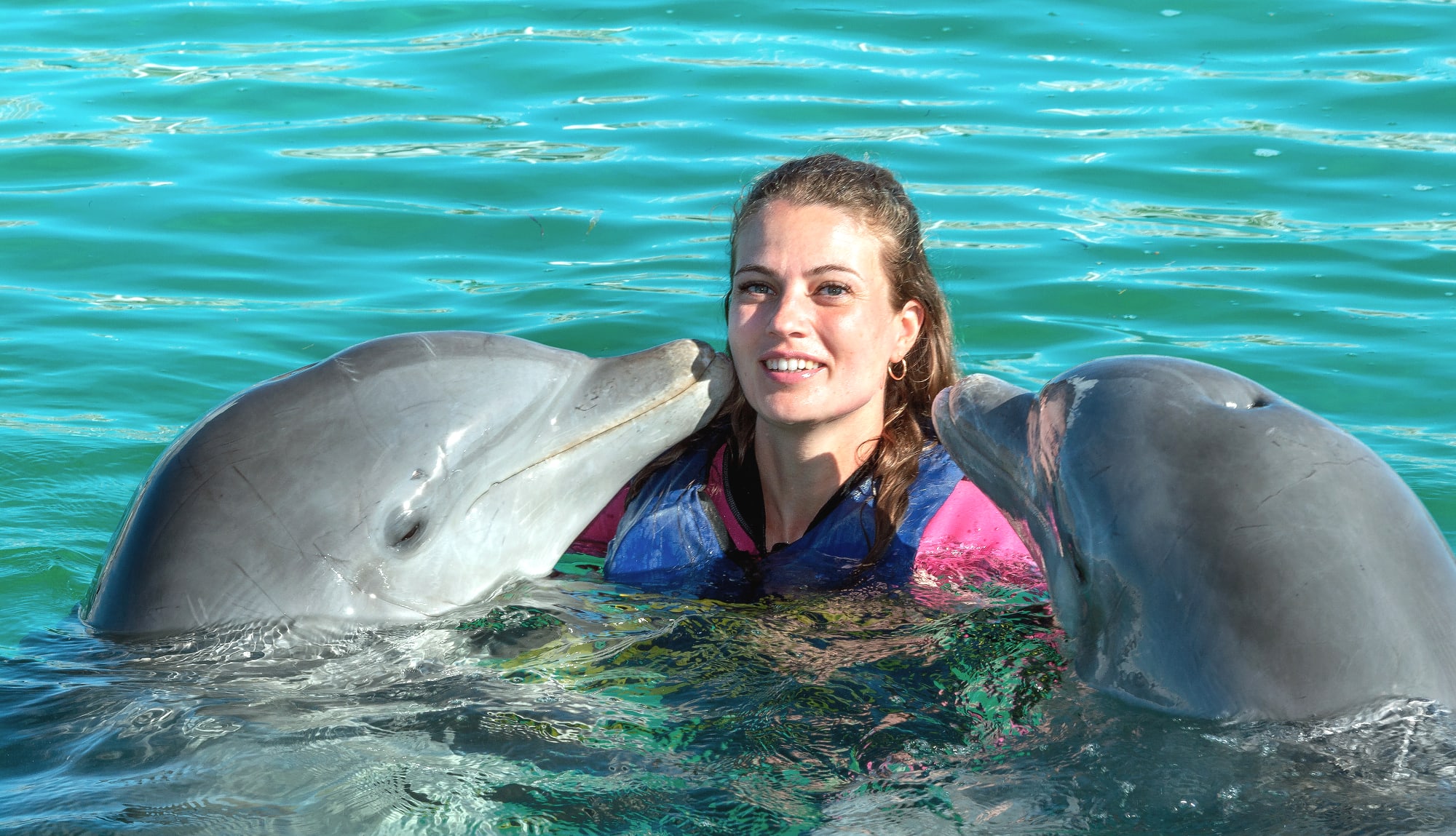 Image of Vest, Animal, Dolphin, Mammal, Sea Life, Lifejacket, Female, Girl, Person, Teen, Swimming, Water, Water Sports, 