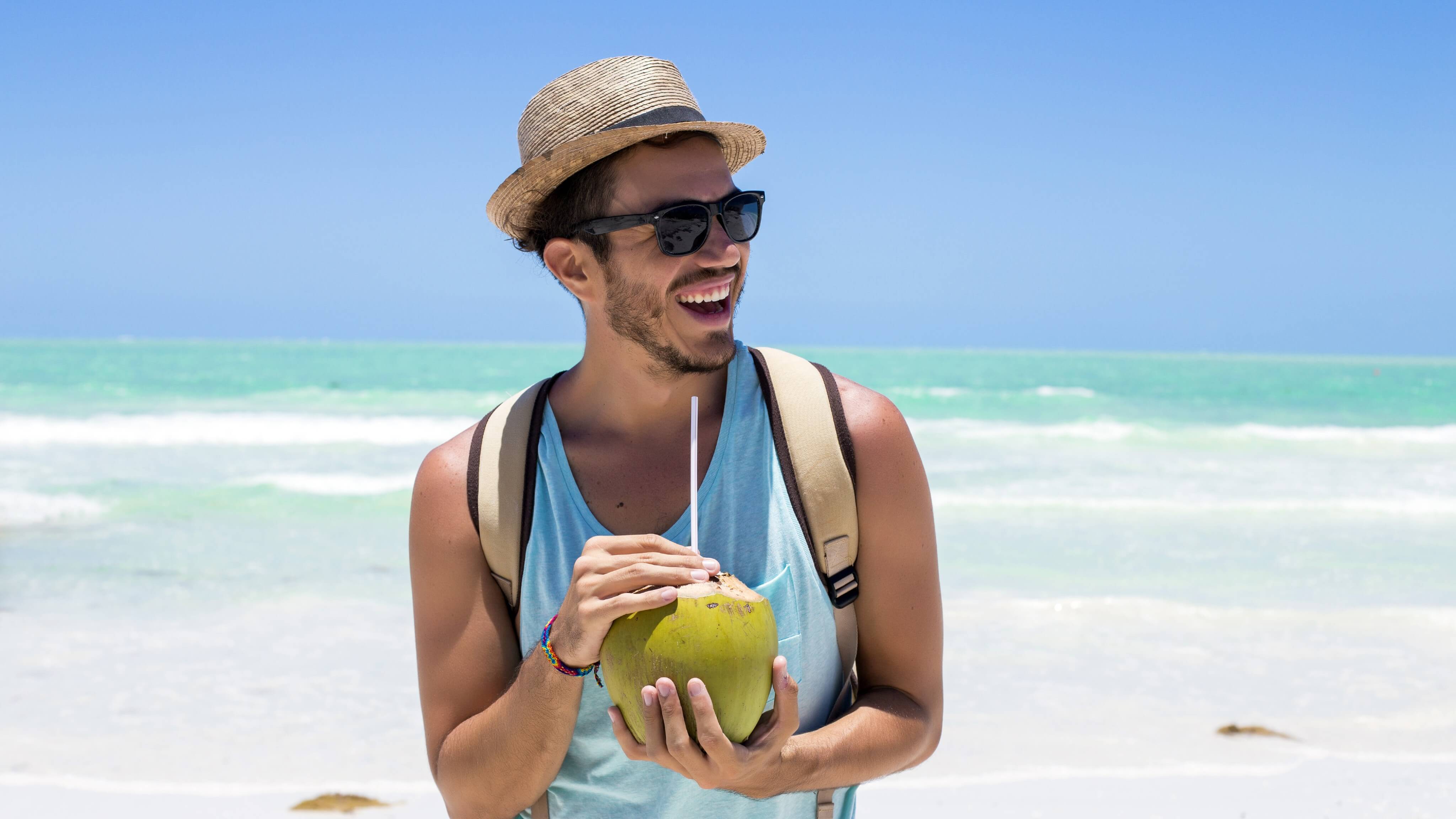 Image of Face, Head, Person, Adult, Male, Man, Beachwear, Food, Fruit, Produce, Hat, Photography, 